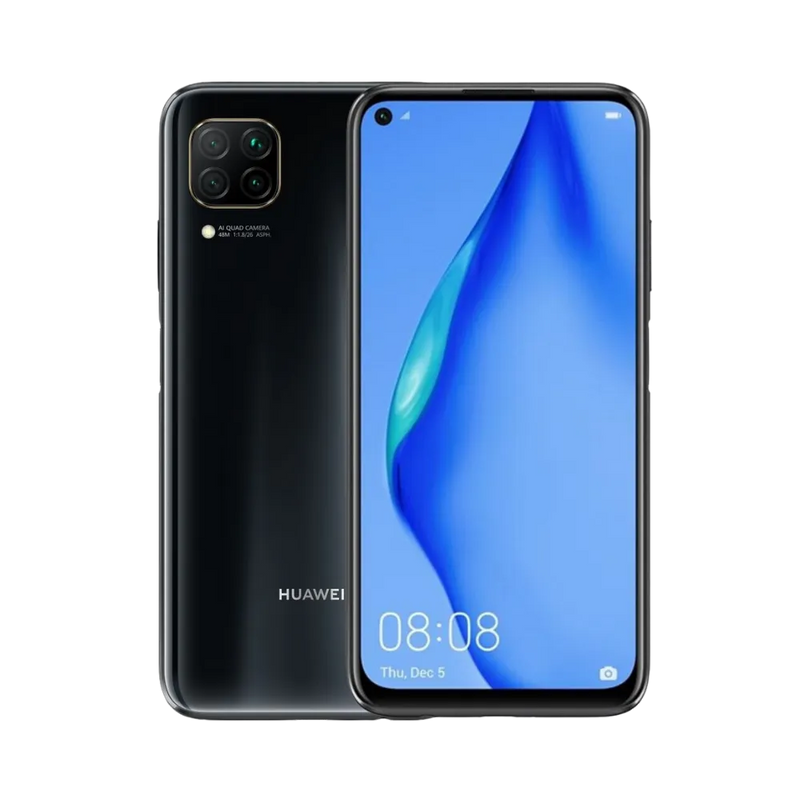Photo Huawei P40 Lite en vue avant avec écran allumé et arrière noir visible, angle trois quarts. Image optimisée iTelier Lyon pour réparation écran LCD, batterie, diagnostic gratuit et pièces garanties.