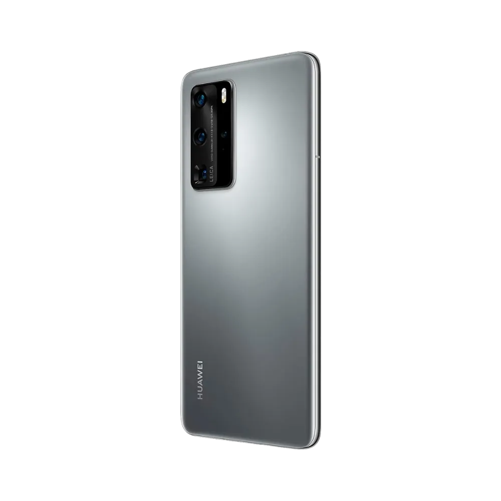 Huawei P40 Pro présenté en vue arrière biaisée argentée, module photo rectangulaire proéminent bien visible. Image optimisée iTelier Lyon pour réparation appareil photo, vitre arrière et diagnostic gratuit.