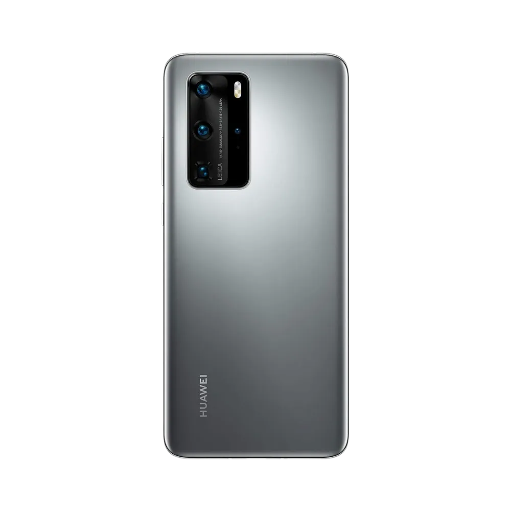 Smartphone Huawei P40 Pro en vue arrière couleur argentée, module photo rectangulaire en haut à gauche. Photo iTelier Lyon pour réparation vitre arrière, batterie et diagnostic gratuit avec garantie.