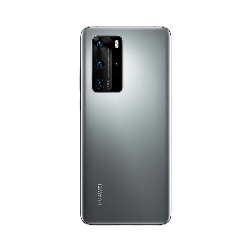 Smartphone Huawei P40 Pro en vue arrière couleur argentée, module photo rectangulaire en haut à gauche. Photo iTelier Lyon pour réparation vitre arrière, batterie et diagnostic gratuit avec garantie.