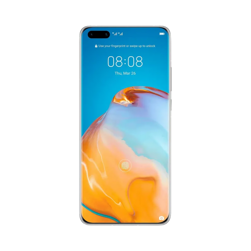 Huawei P40 Pro affiché en vue frontale avec écran allumé sur fond coloré bleu et orange dégradé. Illustration iTelier Lyon pour réparation écran cassé, vitre tactile, diagnostic offert et service rapide garanti.