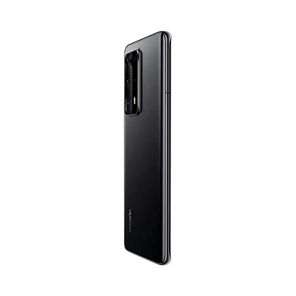 Huawei P40 Pro Plus présenté en vue arrière biaisée noire, module photo rectangulaire proéminent visible. Image optimisée iTelier Lyon pour réparation appareil photo, vitre arrière et diagnostic gratuit.