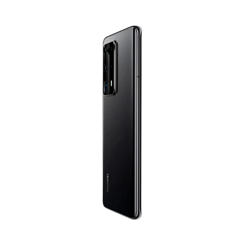 Huawei P40 Pro Plus présenté en vue arrière biaisée noire, module photo rectangulaire proéminent visible. Image optimisée iTelier Lyon pour réparation appareil photo, vitre arrière et diagnostic gratuit.