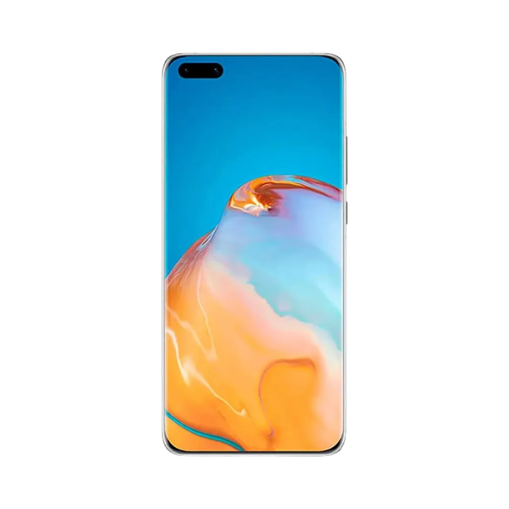Huawei P40 Pro Plus affiché en vue frontale avec écran allumé sur fond bleu et orange dégradé. Illustration iTelier Lyon pour réparation écran cassé, vitre tactile, diagnostic offert et service rapide garanti.