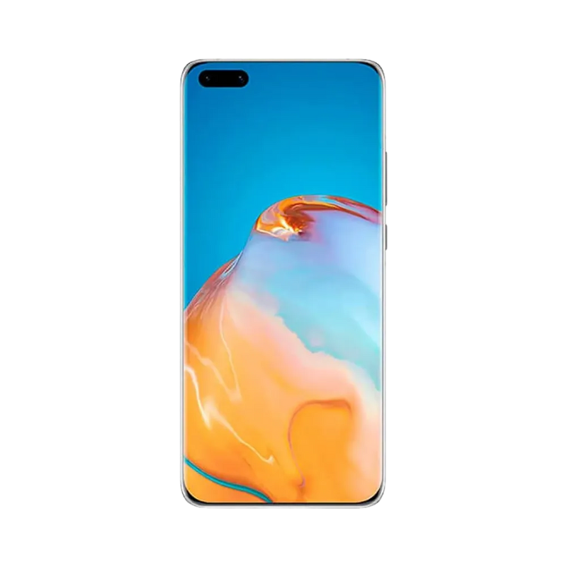 Huawei P40 Pro Plus affiché en vue frontale avec écran allumé sur fond bleu et orange dégradé. Illustration iTelier Lyon pour réparation écran cassé, vitre tactile, diagnostic offert et service rapide garanti.