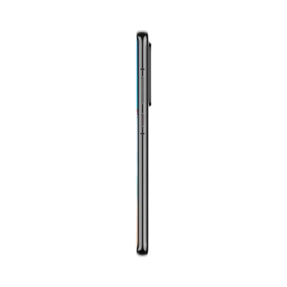 Huawei P40 Pro Plus montré de profil noir, finesse du châssis incurvé et boutons latéraux visibles. Photo optimisée iTelier Lyon pour réparation boutons, connecteur et diagnostic gratuit.