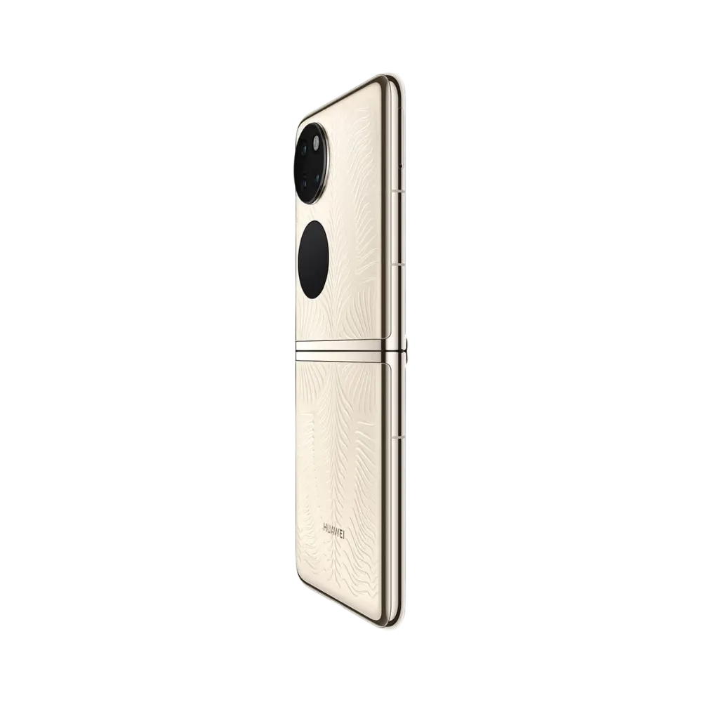 Smartphone Huawei P50 Pocket en vue arrière dorée, double module photo circulaire et charnière centrale visibles. Photo iTelier Lyon pour réparation vitre arrière, charnière pliable, batterie et diagnostic gratuit avec garantie.