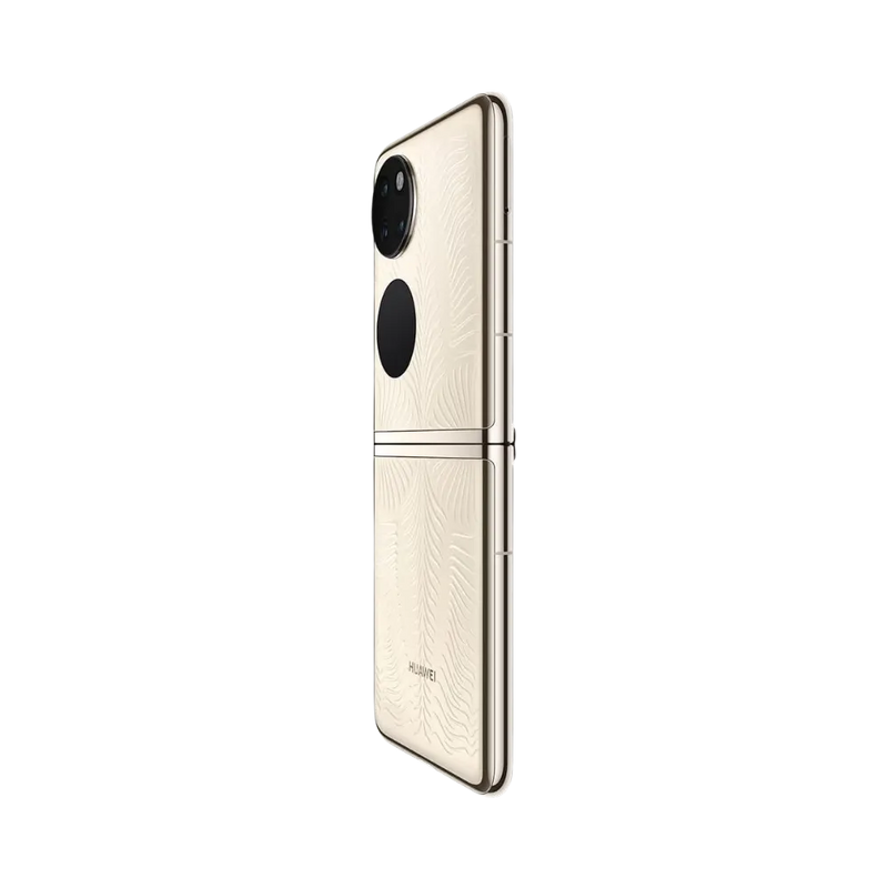 Smartphone Huawei P50 Pocket en vue arrière dorée, double module photo circulaire et charnière centrale visibles. Photo iTelier Lyon pour réparation vitre arrière, charnière pliable, batterie et diagnostic gratuit avec garantie.