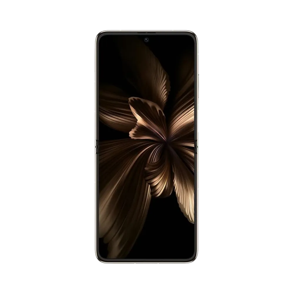 Huawei P50 Pocket affiché en vue frontale avec écran allumé montrant un fond floral doré. Illustration iTelier Lyon pour réparation écran cassé, vitre tactile, diagnostic offert et service rapide garanti.