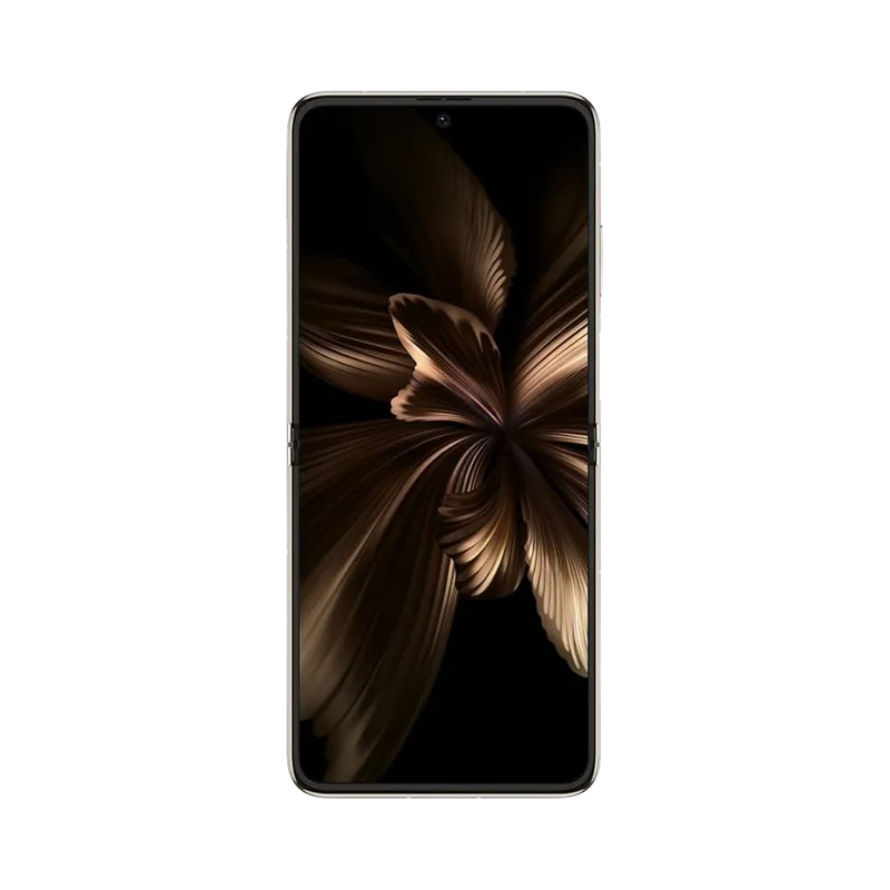 Huawei P50 Pocket affiché en vue frontale avec écran allumé montrant un fond floral doré. Illustration iTelier Lyon pour réparation écran cassé, vitre tactile, diagnostic offert et service rapide garanti.