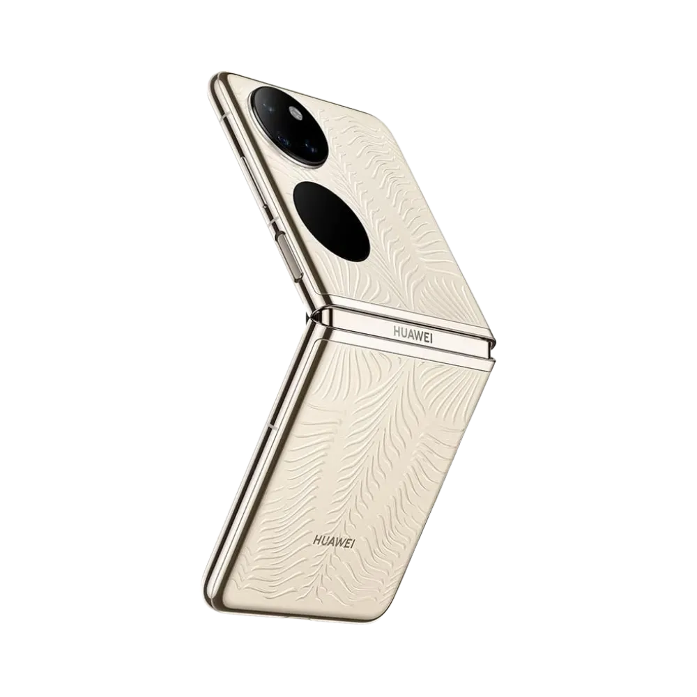 Huawei P50 Pocket présenté fermé, format compact avec double module photo circulaire bien visible. Photo optimisée iTelier Lyon pour réparation charnière, écran pliable, batterie et diagnostic gratuit.