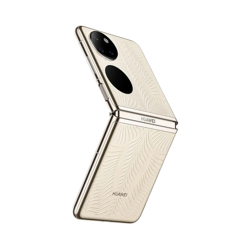 Huawei P50 Pocket présenté fermé, format compact avec double module photo circulaire bien visible. Photo optimisée iTelier Lyon pour réparation charnière, écran pliable, batterie et diagnostic gratuit.