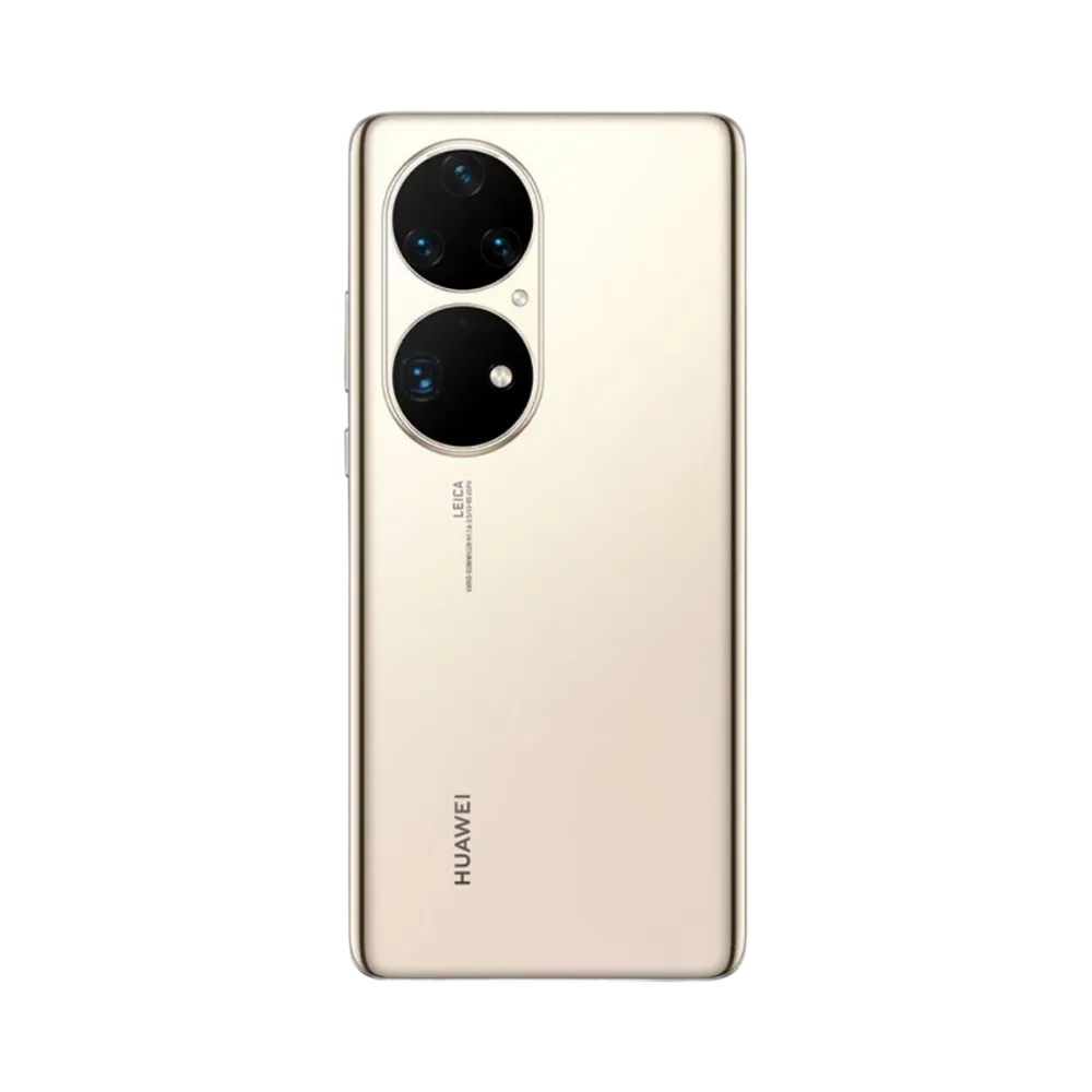 Smartphone Huawei P50 Pro en vue arrière couleur dorée, double module photo circulaire vertical en haut à gauche. Photo iTelier Lyon pour réparation vitre arrière, batterie et diagnostic gratuit avec garantie.