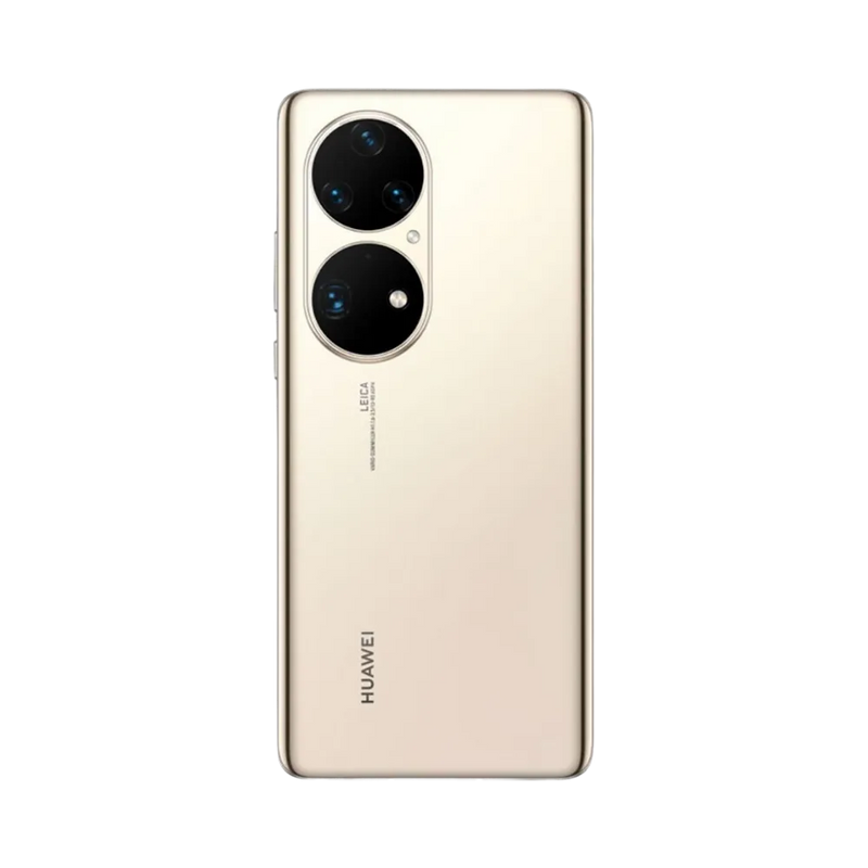 Smartphone Huawei P50 Pro en vue arrière couleur dorée, double module photo circulaire vertical en haut à gauche. Photo iTelier Lyon pour réparation vitre arrière, batterie et diagnostic gratuit avec garantie.