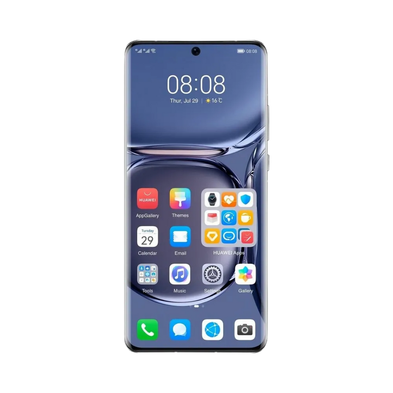 Huawei P50 Pro affiché en vue frontale avec écran allumé montrant interface EMUI et applications. Illustration iTelier Lyon pour réparation écran cassé, vitre tactile, diagnostic offert et service rapide garanti.