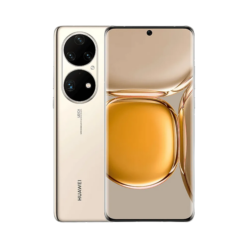 Photo Huawei P50 Pro en vue avant avec écran allumé et arrière doré visible, angle trois quarts. Image optimisée iTelier Lyon pour réparation écran OLED, batterie, diagnostic gratuit et pièces garanties.