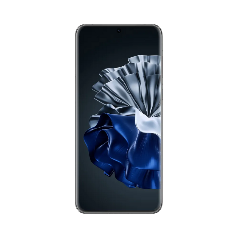 Huawei P60 Pro affiché en vue frontale avec écran allumé montrant un fond noir et motif minéral bleu argenté. Illustration iTelier Lyon pour réparation écran cassé, vitre tactile, diagnostic offert et service rapide garanti.