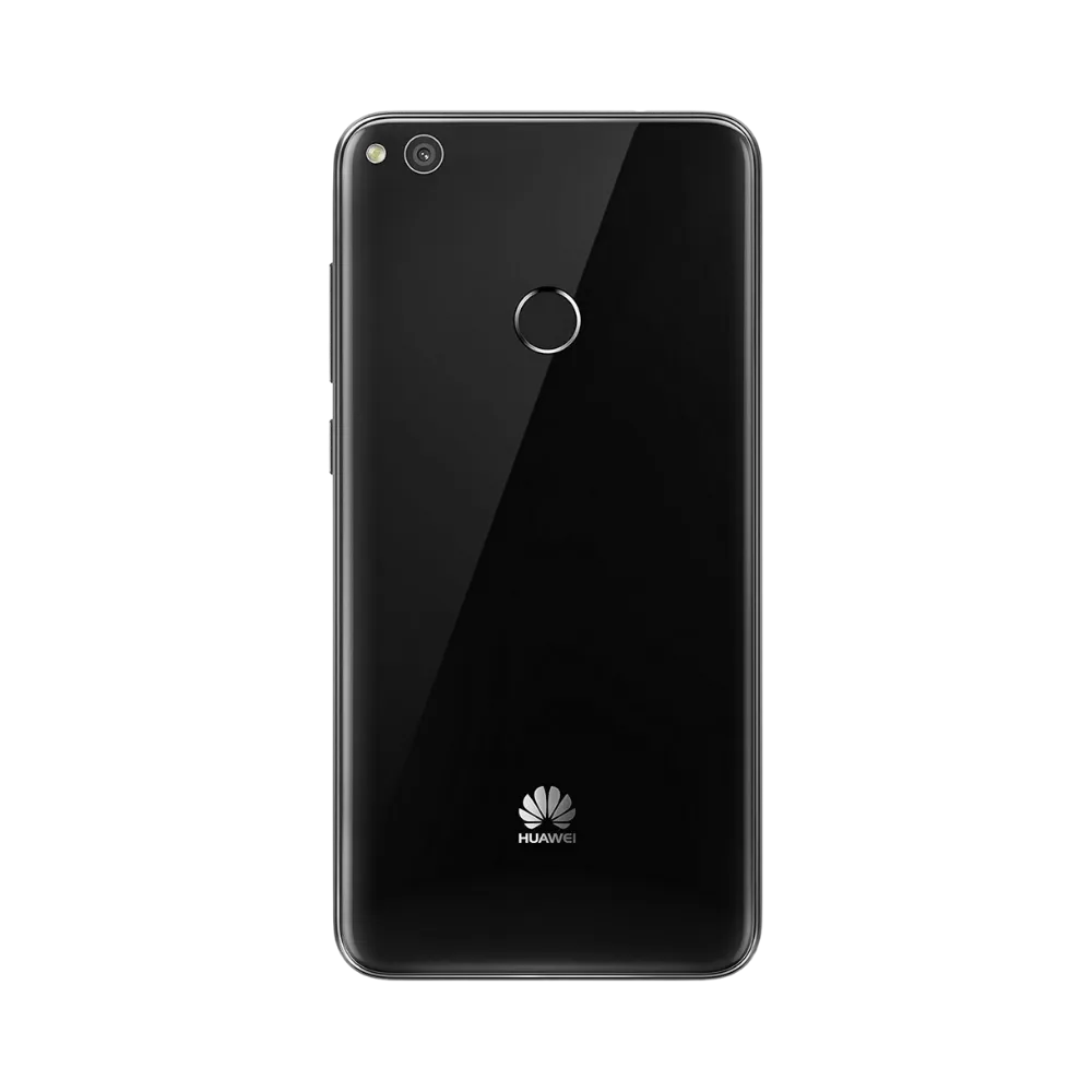 Smartphone Huawei P8 Lite 2017 en vue arrière noire, capteur photo simple en haut à gauche et lecteur d’empreintes centré. Photo iTelier Lyon pour réparation vitre arrière, batterie et diagnostic gratuit avec garantie.
