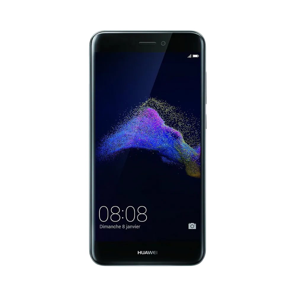 Huawei P8 Lite 2017 affiché en vue frontale avec écran allumé montrant fond violet et bleu. Illustration iTelier Lyon pour réparation écran cassé, vitre tactile, diagnostic offert et service rapide garanti.