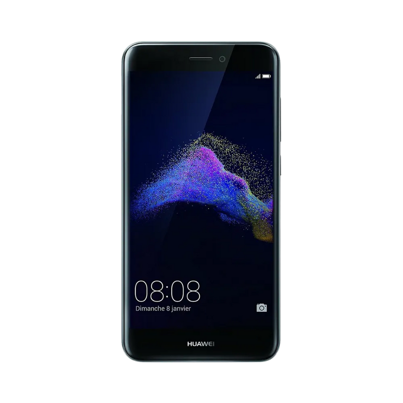 Huawei P8 Lite 2017 affiché en vue frontale avec écran allumé montrant fond violet et bleu. Illustration iTelier Lyon pour réparation écran cassé, vitre tactile, diagnostic offert et service rapide garanti.