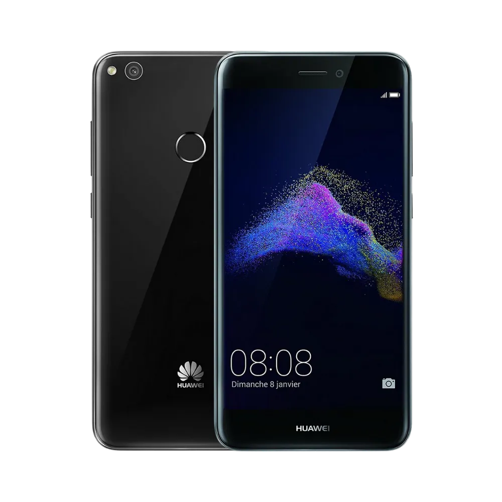 Photo Huawei P8 Lite 2017 en vue avant avec écran allumé et arrière noir visible, angle trois quarts. Image optimisée iTelier Lyon pour réparation écran LCD, batterie, diagnostic gratuit et pièces garanties.