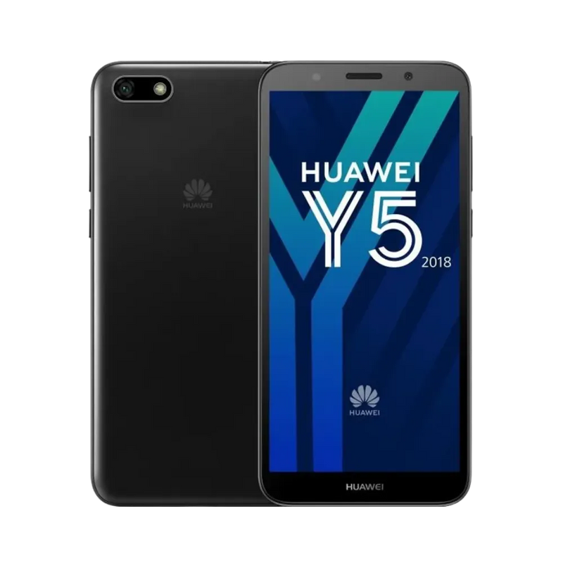 Huawei Y5 2018 noir affiché de face et de dos côte à côte, écran allumé avec logo HUAWEI Y5 sur fond bleu, simple caméra arrière horizontale visible, parfait pour réparations écran et vitre arrière chez iTelier Lyon.
