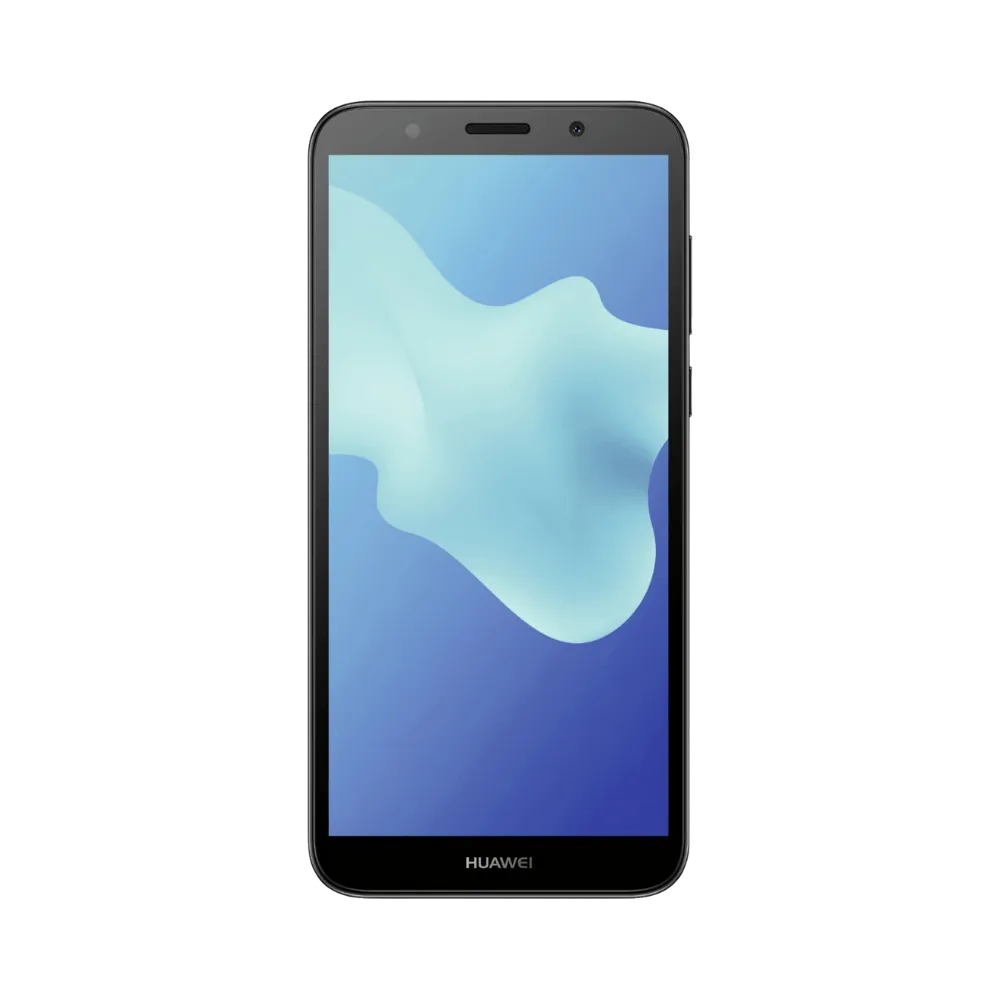 Huawei Y5 2018 noir en position verticale, écran allumé avec fond bleu clair, idéal pour illustrer réparation écran original et diagnostic gratuit chez iTelier Lyon.