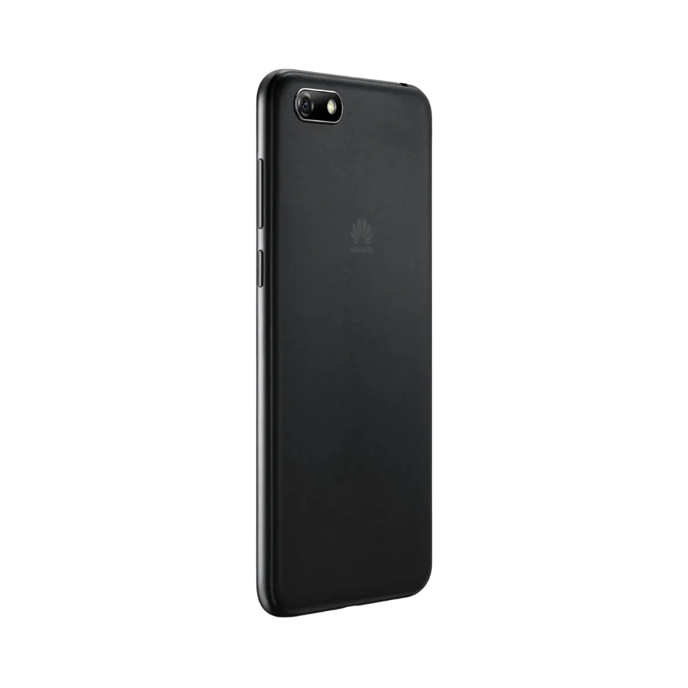 Huawei Y5 2018 noir vu de dos en position légèrement inclinée, surface mate et caméra horizontale en haut à gauche, parfait pour réparations vitre arrière et composants caméra chez iTelier Lyon.