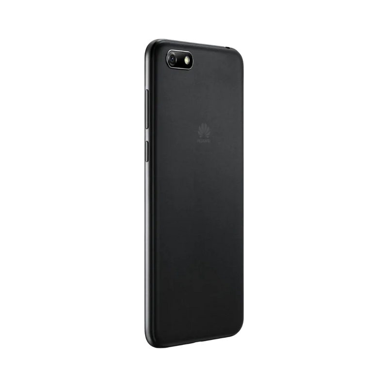Huawei Y5 2018 noir vu de dos en position légèrement inclinée, surface mate et caméra horizontale en haut à gauche, parfait pour réparations vitre arrière et composants caméra chez iTelier Lyon.