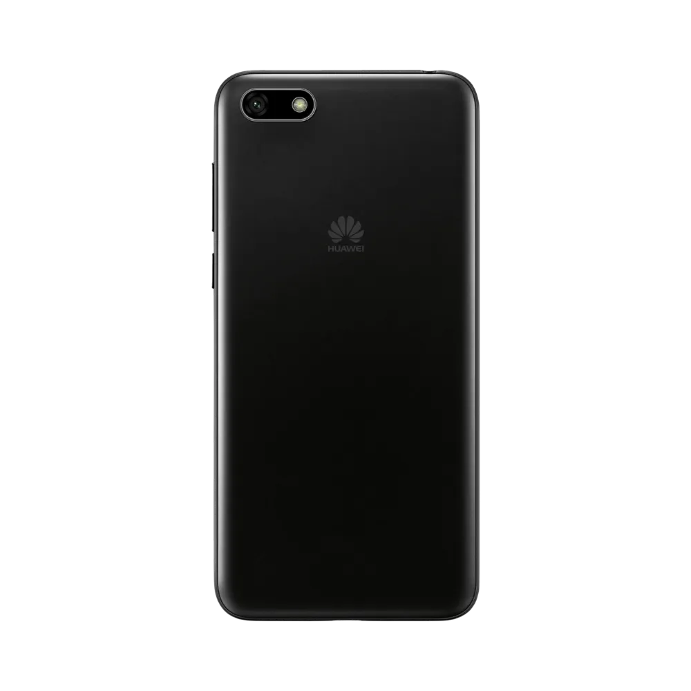 Huawei Y5 2018 noir vu de dos en position verticale, simple caméra arrière horizontale et logo Huawei visibles, image optimisée pour réparations vitre arrière et remplacement caméra chez iTelier Lyon.