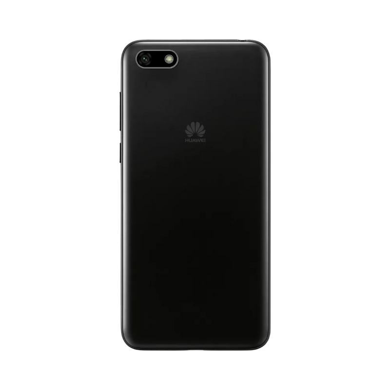 Huawei Y5 2018 noir vu de dos en position verticale, simple caméra arrière horizontale et logo Huawei visibles, image optimisée pour réparations vitre arrière et remplacement caméra chez iTelier Lyon.