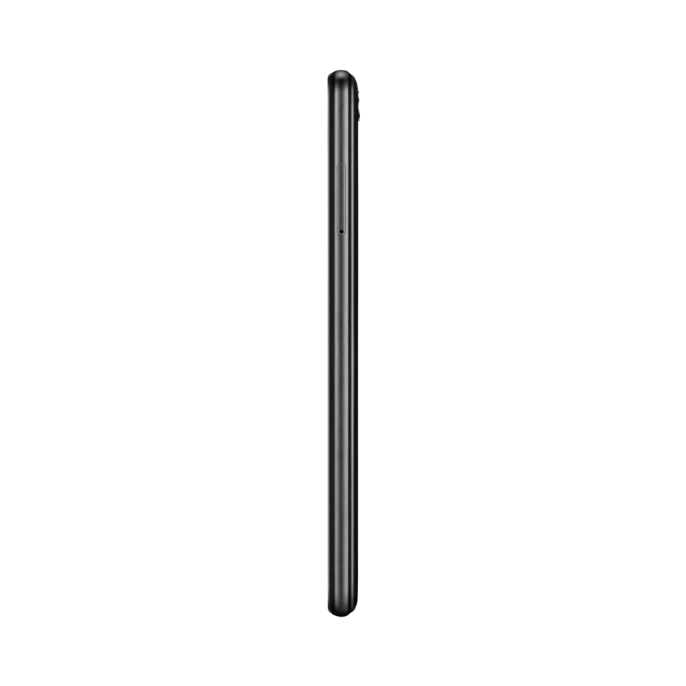 Huawei Y5 2018 noir vu de profil en position verticale, montrant les tranches latérales et la finesse du smartphone, idéal pour représenter réparations boutons latéraux et port de charge chez iTelier Lyon.