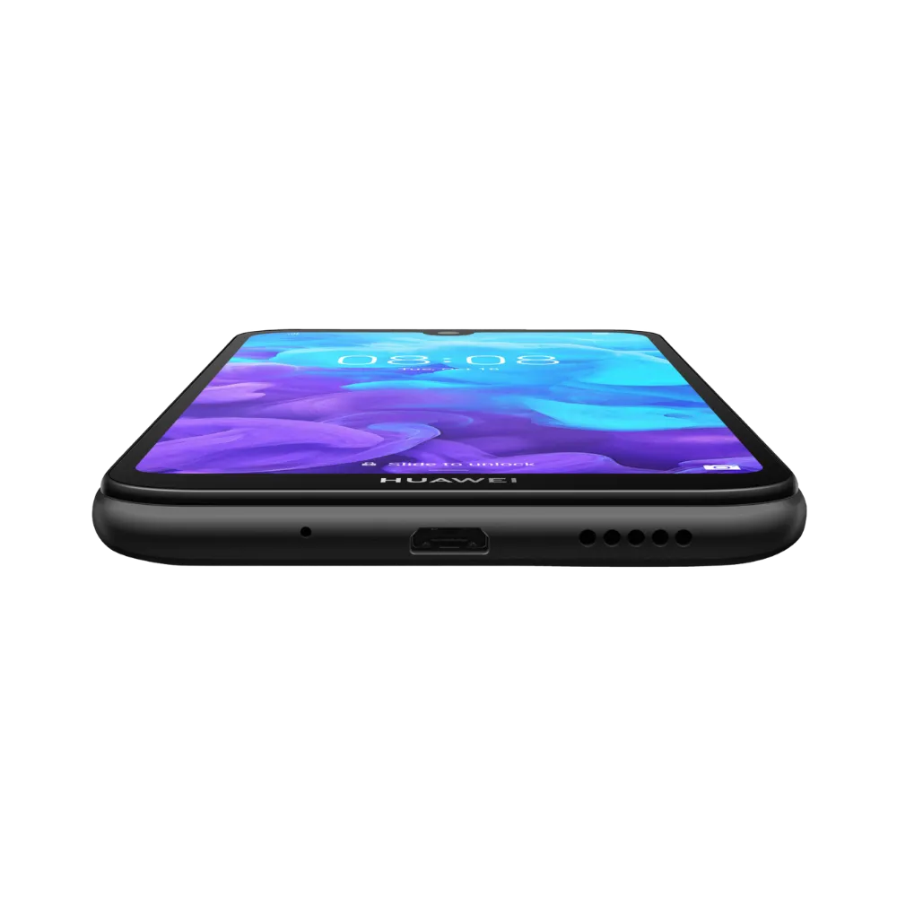 Huawei Y5 2019 noir affiché de face en position horizontale posée à plat, écran lumineux orienté vers le haut, idéal pour représenter réparations écran et remplacement batterie chez iTelier Lyon.