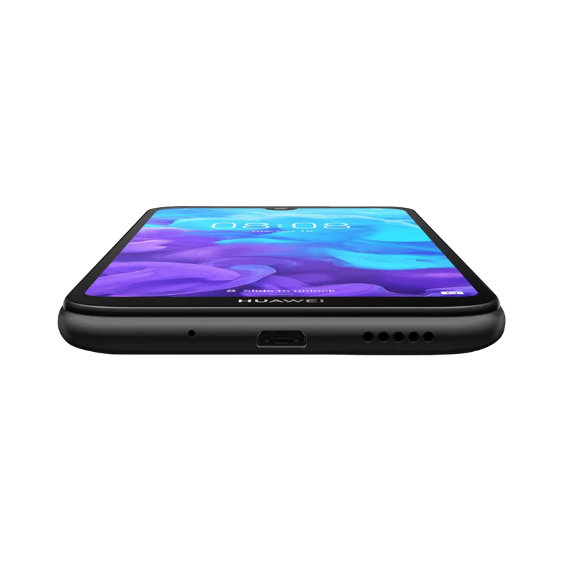 Huawei Y5 2019 noir affiché de face en position horizontale posée à plat, écran lumineux orienté vers le haut, idéal pour représenter réparations écran et remplacement batterie chez iTelier Lyon.
