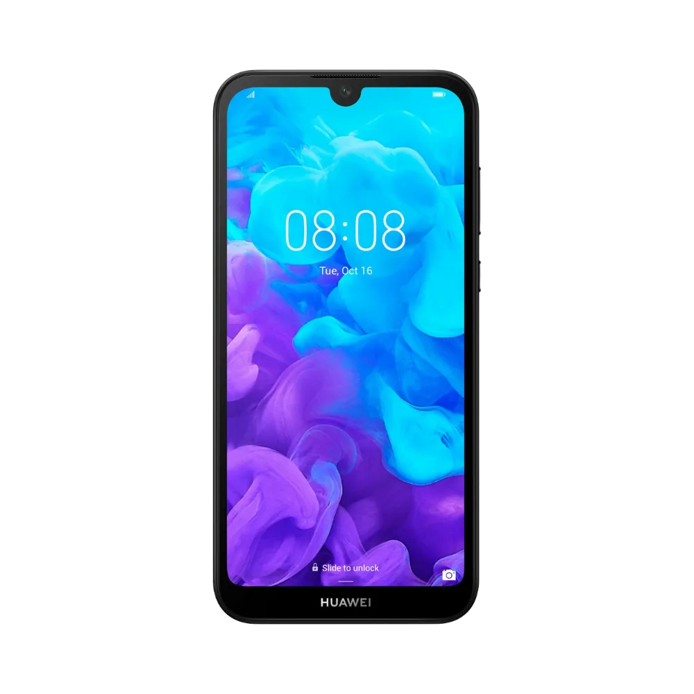 Huawei Y5 2019 noir en position verticale, écran allumé avec fond dégradé bleu et violet, idéal pour illustrer réparation écran original et diagnostic gratuit chez iTelier Lyon.