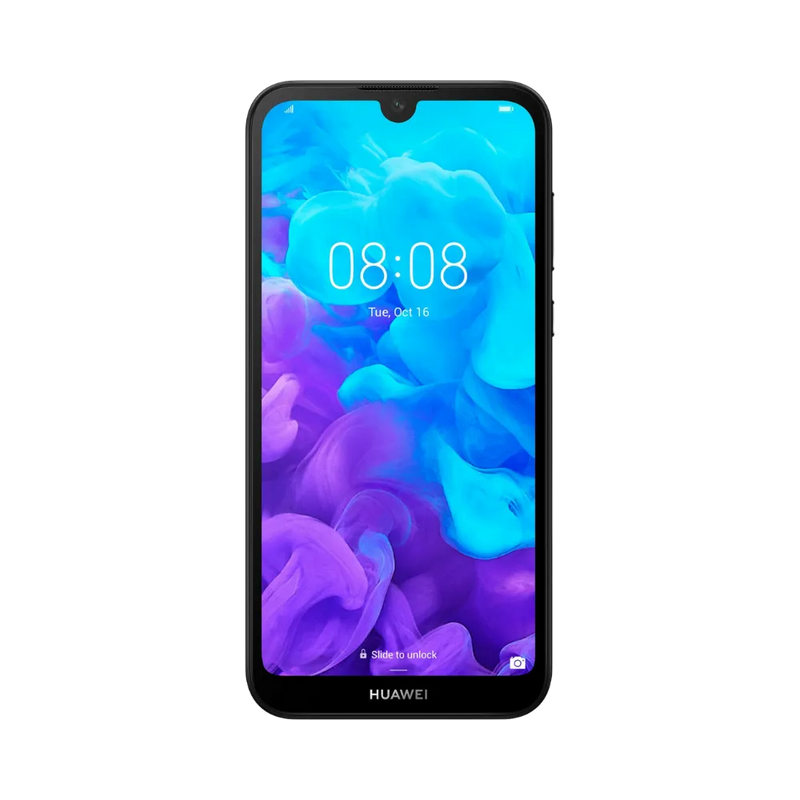 Huawei Y5 2019 noir en position verticale, écran allumé avec fond dégradé bleu et violet, idéal pour illustrer réparation écran original et diagnostic gratuit chez iTelier Lyon.