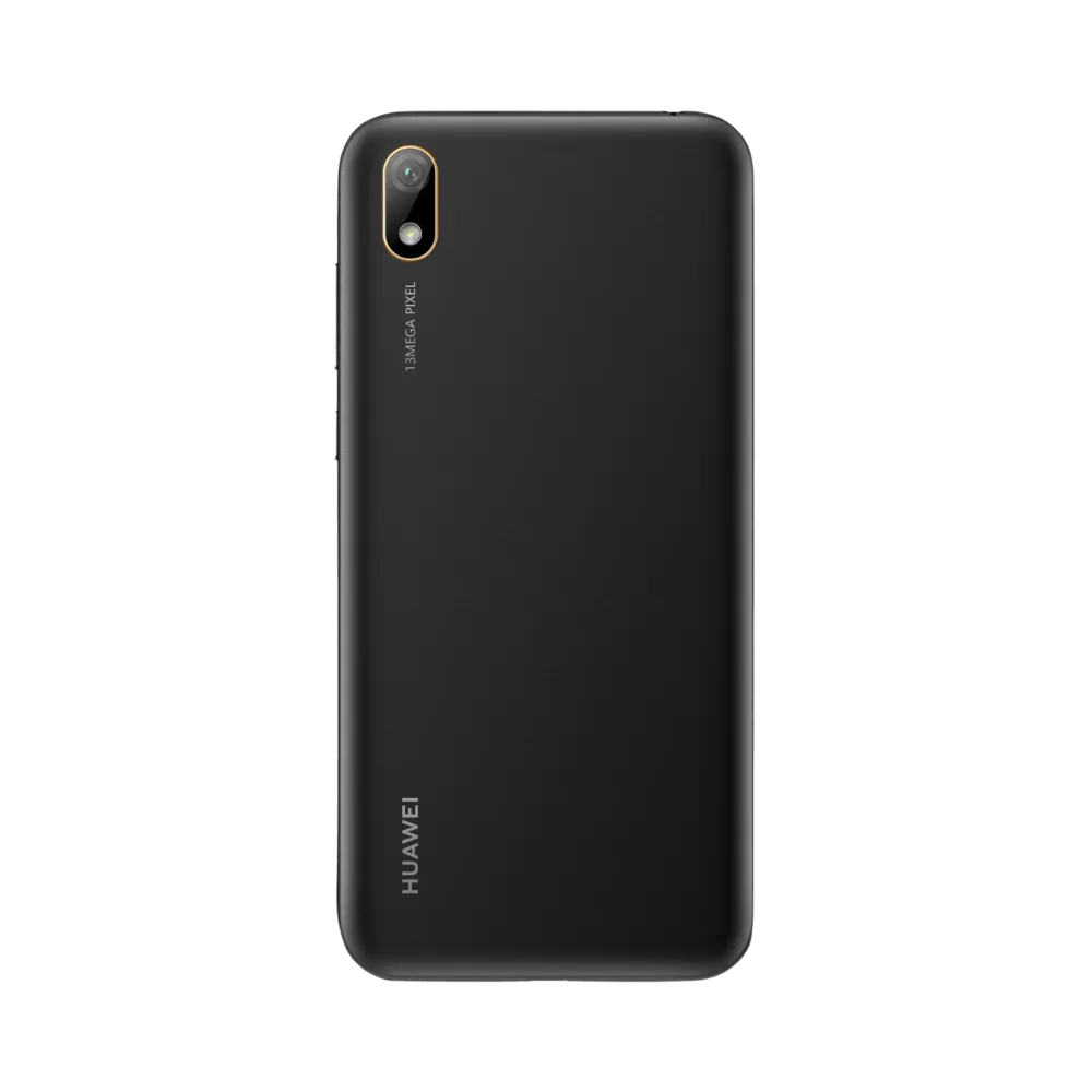 Huawei Y5 2019 noir vu de dos en position verticale, simple caméra arrière et flash visibles en haut à gauche, image optimisée pour réparations vitre arrière et remplacement caméra chez iTelier Lyon.