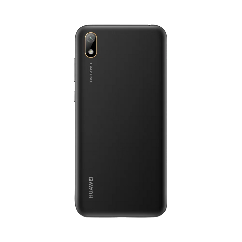 Huawei Y5 2019 noir vu de dos en position verticale, simple caméra arrière et flash visibles en haut à gauche, image optimisée pour réparations vitre arrière et remplacement caméra chez iTelier Lyon.