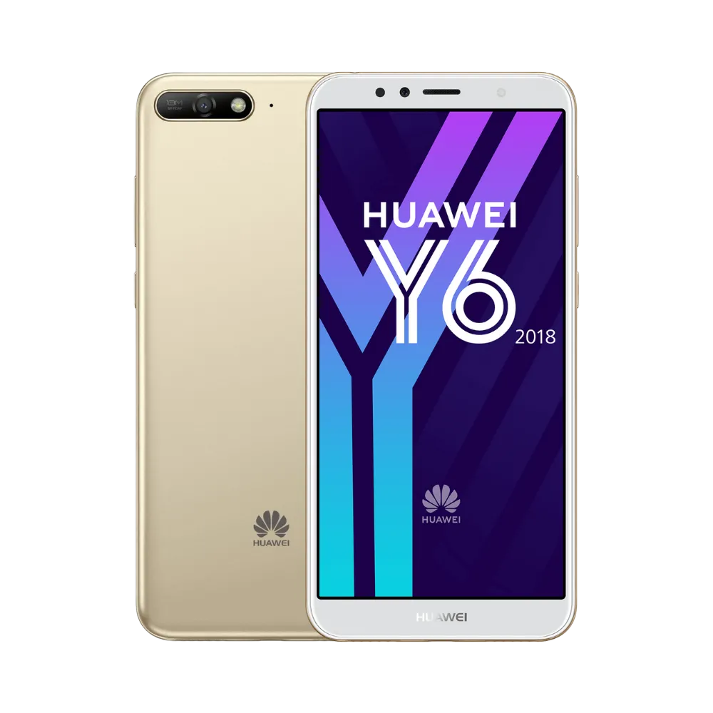 Huawei Y6 2018 doré affiché de face et de dos côte à côte, écran allumé avec logo HUAWEI Y6 sur fond violet, simple caméra arrière horizontale bien visible, parfait pour réparations écran et vitre arrière chez iTelier Lyon.