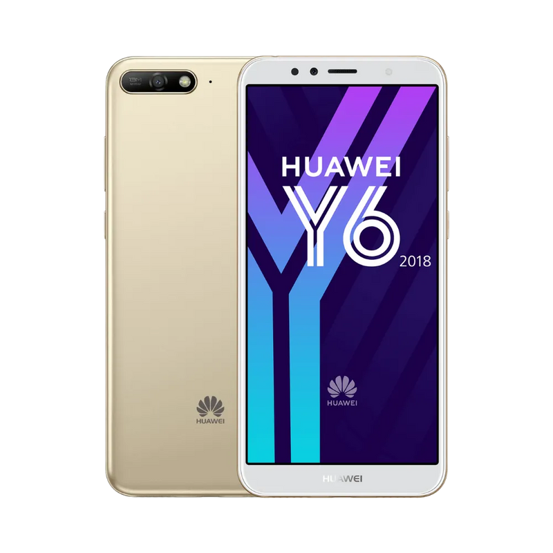 Huawei Y6 2018 doré affiché de face et de dos côte à côte, écran allumé avec logo HUAWEI Y6 sur fond violet, simple caméra arrière horizontale bien visible, parfait pour réparations écran et vitre arrière chez iTelier Lyon.