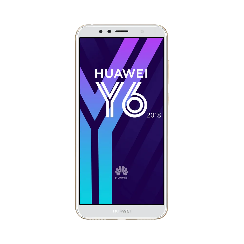 Huawei Y6 2018 doré en position verticale, écran allumé avec logo HUAWEI Y6 sur fond violet et bleu, idéal pour illustrer réparation écran original et diagnostic gratuit chez iTelier Lyon.