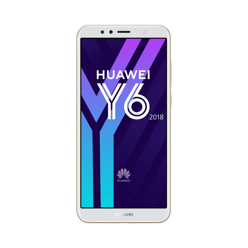 Huawei Y6 2018 doré en position verticale, écran allumé avec logo HUAWEI Y6 sur fond violet et bleu, idéal pour illustrer réparation écran original et diagnostic gratuit chez iTelier Lyon.
