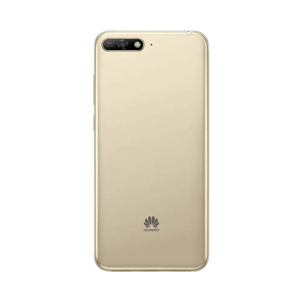 Huawei Y6 2018 doré vu de dos en position verticale, simple caméra arrière horizontale située en haut à gauche, image optimisée pour réparations vitre arrière et remplacement caméra chez iTelier Lyon.