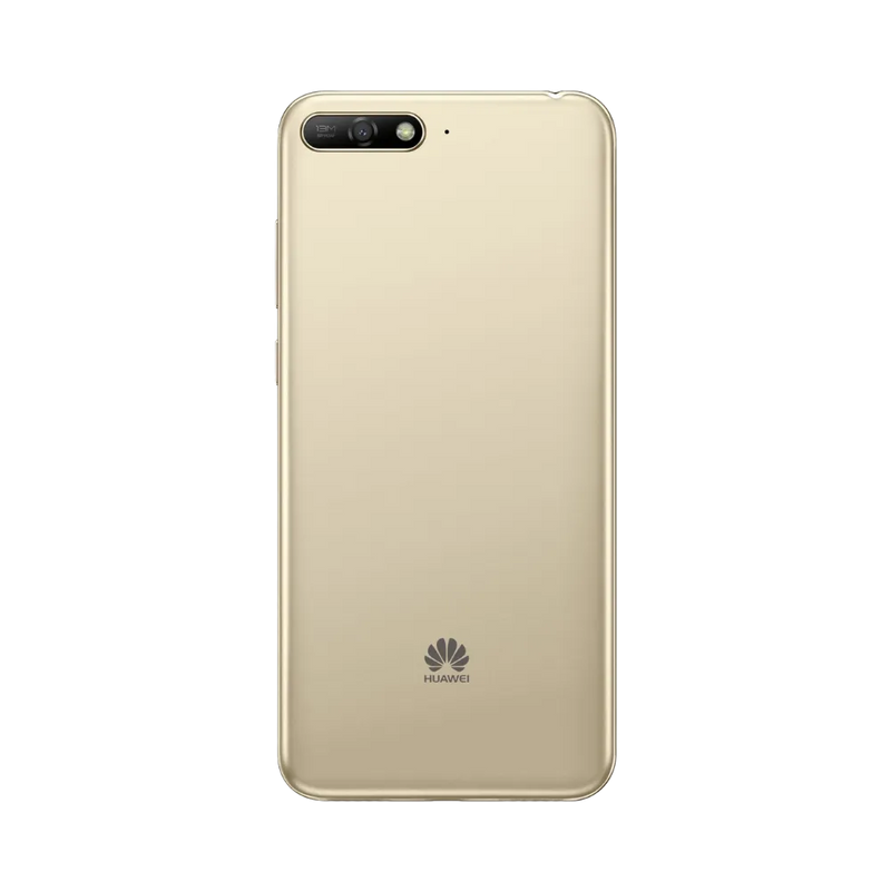 Huawei Y6 2018 doré vu de dos en position verticale, simple caméra arrière horizontale située en haut à gauche, image optimisée pour réparations vitre arrière et remplacement caméra chez iTelier Lyon.