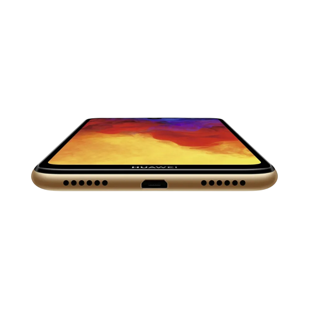 Huawei Y6 2019 doré affiché de face en position horizontale posée à plat, écran coloré orienté vers le haut, idéal pour représenter réparations écran et remplacement batterie chez iTelier Lyon.