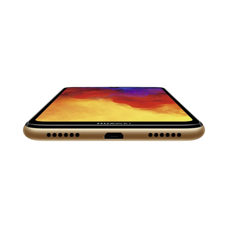 Huawei Y6 2019 doré affiché de face en position horizontale posée à plat, écran coloré orienté vers le haut, idéal pour représenter réparations écran et remplacement batterie chez iTelier Lyon.