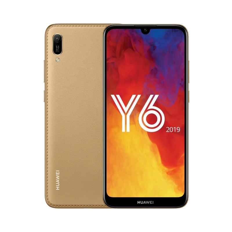 Huawei Y6 2019 doré affiché de face et de dos côte à côte, écran allumé avec logo Y6 sur fond rouge et orange, simple caméra arrière verticale visible, idéal pour réparations écran et vitre arrière chez iTelier Lyon.