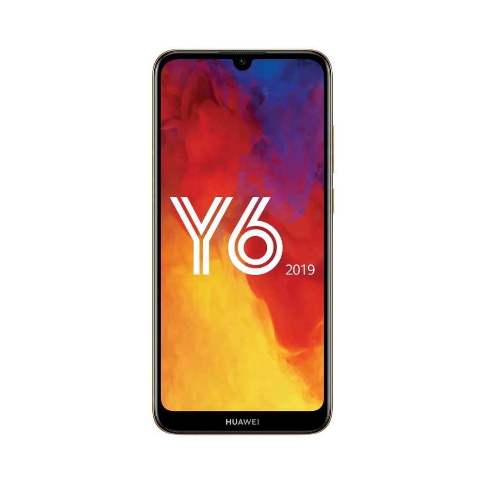 Huawei Y6 2019 doré en position verticale, écran allumé avec logo Y6 et fond coloré rouge et orange, parfait pour illustrer réparation écran original et diagnostic gratuit chez iTelier Lyon.