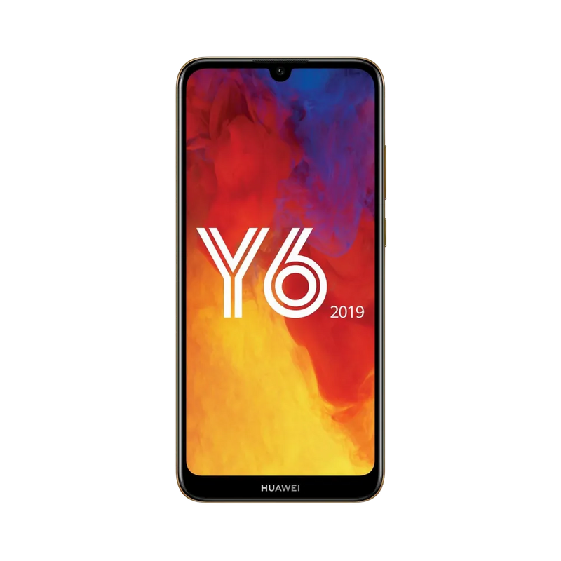 Huawei Y6 2019 doré en position verticale, écran allumé avec logo Y6 et fond coloré rouge et orange, parfait pour illustrer réparation écran original et diagnostic gratuit chez iTelier Lyon.