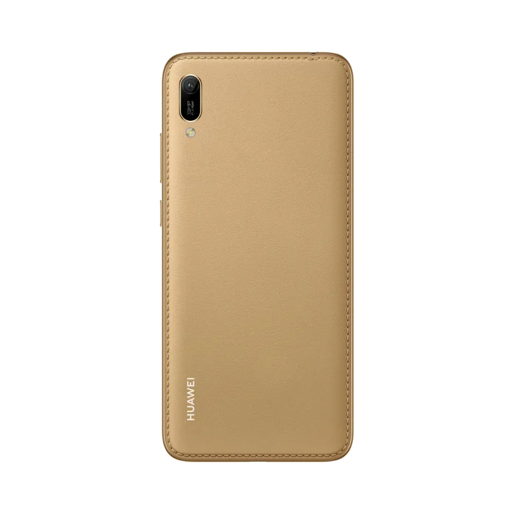Huawei Y6 2019 doré vu de dos en position verticale, simple caméra arrière avec flash visible en haut à gauche, image optimisée pour réparations vitre arrière et remplacement caméra chez iTelier Lyon.